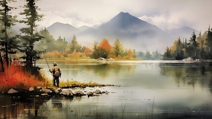 a fisherman standing at the edge of a serene lake, surrounded by tall trees and mountains in the distance (Generative AI, Generativ, KI)