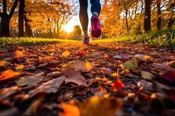 Feet of a jogger run up in autumn weather with leaves on the ground (Generative AI, Generativ, KI) - obrazy, fototapety, plakaty