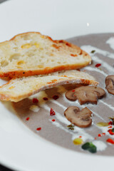 Mushroom cream soup and ingredients on grey background, close up