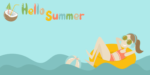 Fototapeta na wymiar Swimming on the rubber ring woman with ball in the sea. Hello summer mock up with copy space. Cute bright summer vector illustration in flat cartoon style for product design