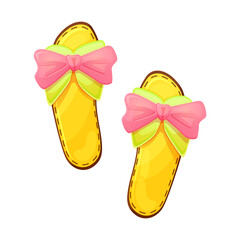 Summer women's shoes. Colorful stylish accessories with bow. Cartoon style. Vector illustration isolated on white.