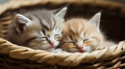 A 2 cute baby cats sleeping in a basket , ai, ai generative, illustration