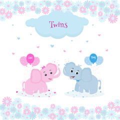 Happy birthday  twins  card with two elefants, balloons, hearts, clouds and flowrs for boy and girl