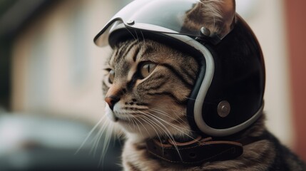A cat wearing a helmet on a motorcycle , ai, ai generative, illustration