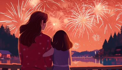 happy mother's day celebration. a mother and child watching fireworks in mothers day 2023 - generative ai