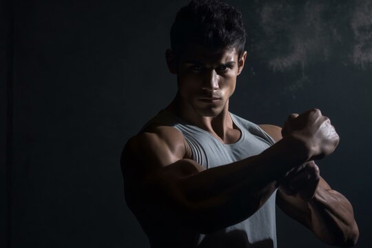 Fit young male model practising shadowboxing. Masculine young male athlete working out on dark grey background. Generative ai.