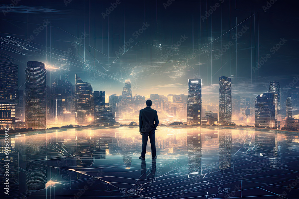 Poster man, standing in computer network cityscape