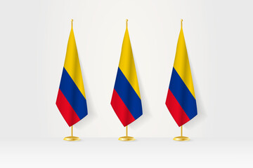 Three Colombia flags in a row on a golden stand, illustration of press conference and other meetings.