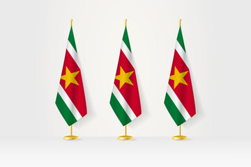 Three Suriname flags in a row on a golden stand, illustration of press conference and other meetings.