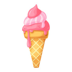 Pink ice cream in bright cartoon style. Vector illustration isolated on white.