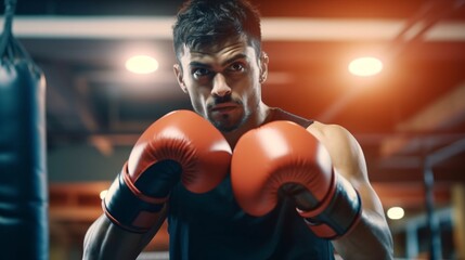 Latin young man boxer preparing for boxing fight. Fitness mid adult man preparing for boxing training at gym. Beautiful strong sportsman. Generative AI. - obrazy, fototapety, plakaty