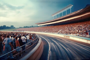 Empty racing track with crowds of people on grandstand