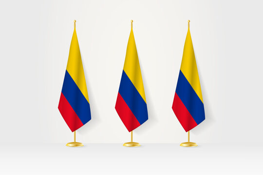 Three Colombia flags in a row on a golden stand, illustration of press conference and other meetings.
