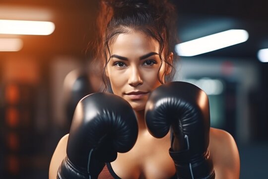 Latin young woman boxer preparing for boxing fight. Fitness mid adult woman preparing for boxing training at gym. Beautiful strong sportswoman. Generative AI.