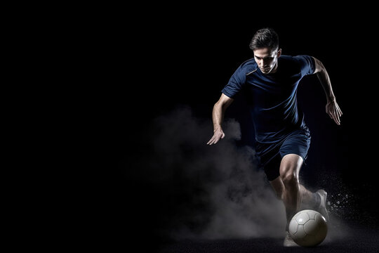 Epic full body shot of Caucasian Soccer or Football player in blue uniform, running with ball at feet, dust flying. Studio shot on black background. Ideal for dynamic sports and action themes