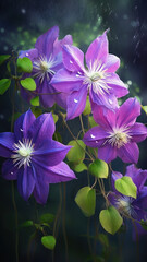 Fototapeta na wymiar Blooming clematis flowers with drops of water close-up background. Floral wallpaper. Ai generated