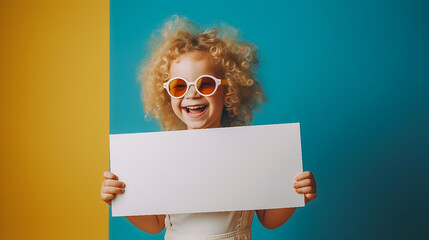 happy little blonde curly-haired girl laughs and holds in her hands an empty sheet for ads on a yellow background, space for text. The girl holds a white sheet. Image generated AI