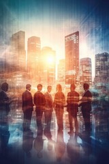 Teamwork is highlighted by a double exposure image of business people in a city office building. (Generative AI)