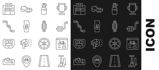 Set line Bicycle air pump, rental mobile app, pedal, Sport bottle with water, Plaster on leg, pedals, repair service and suspension icon. Vector