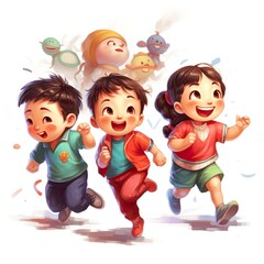 Amazing illustration of children playing and studying and kids hugging 