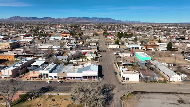 Aerial view of Willcox on Railroad Avenue at W Maley Street in historic city center of Willcox, Arizona AZ, USA. 