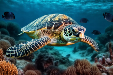 Obraz na płótnie Canvas photo of Sea turtle in the Galapagos island. Tropical beach background underwater animal