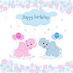 Happy birthday  twins  card with two  cute elefants, balloons, hearts clouds for boy and girl