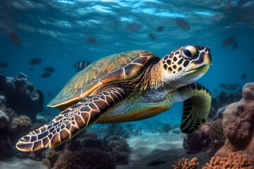 Naklejka na ściany i meble photo of Sea turtle in the Galapagos island. Tropical beach background underwater animal