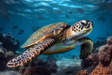 Stoff pro Meter photo of Sea turtle in the Galapagos island. Tropical beach background underwater animal © helen_f