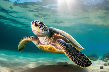 photo of Sea turtle in the Galapagos island. Tropical beach background underwater animal - 601511445