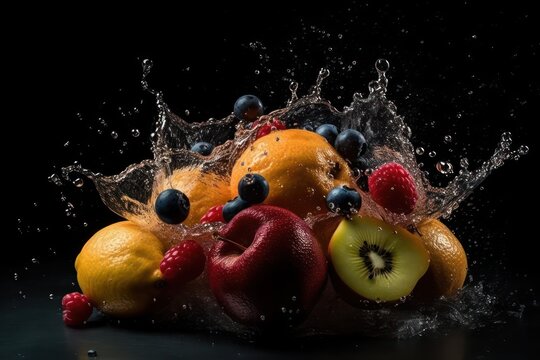 Pieces of fruit with mint leaves and ice cubes falling in water splash, isolated on black background. Very high resolution image. Generative ai