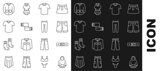 Set line Hoodie, Belt, Short or pants, T-shirt, Winter scarf, Sweater and Leggings icon. Vector