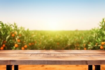 Empty wood table with free space over orange trees, orange field background. For product display montage. Generative ai