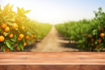 Empty wood table with free space over orange trees, orange field background. For product display montage. Generative ai