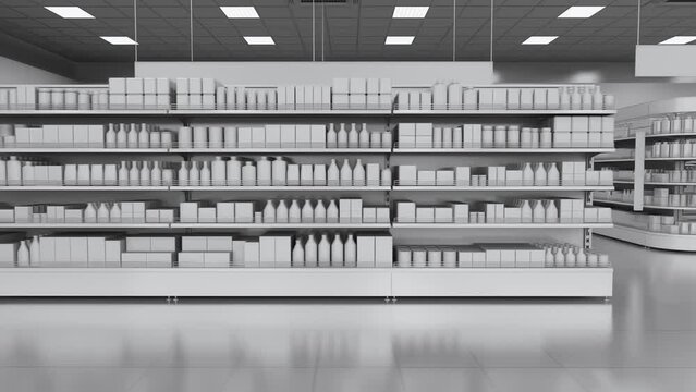 Shelves and showcases in the trading floor of the supermarket. 3d animation
