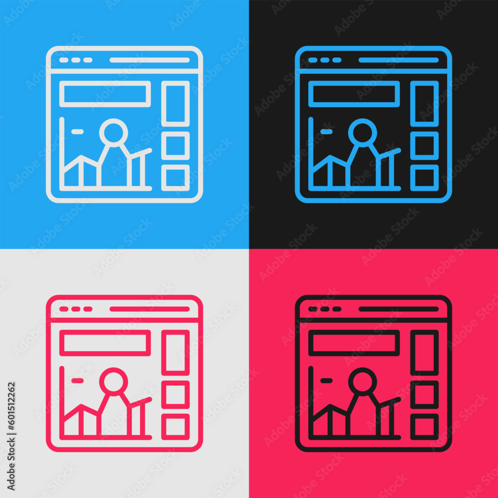Poster pop art line website with stocks market growth graphs and money icon isolated on color background. m