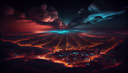 Fototapeta na wymiar Dark Cyberpunk City at Night Seen From The Sky Horizon Line Light Pollution Long Exposure AI Generative