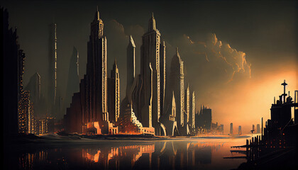 Fototapeta premium Cyberpunk Futuristic Cityscape with Skyline Digital Conceptual Illustration on Canvas Oil Painting AI Generative