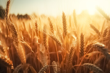 Wheat field. Ears of golden wheat closeup. Rural scenery under shining sunlight. Farmland. Meadow of wheat. Harvest concept. Autumn agriculture landscape. 