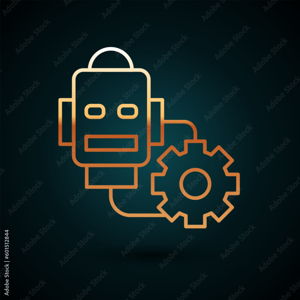 Poster gold line robot setting icon isolated on dark blue background. artificial intelligence, machine lear