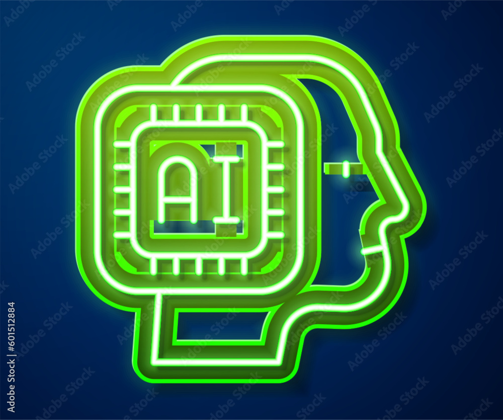 Poster glowing neon line humanoid robot icon isolated on blue background. artificial intelligence, machine 
