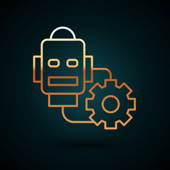 Gold line Robot setting icon isolated on dark blue background. Artificial intelligence, machine learning, cloud computing. Vector