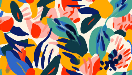 Fototapeta na wymiar Modern exotic floral jungle pattern. Collage contemporary seamless pattern. Hand drawn cartoon style pattern.