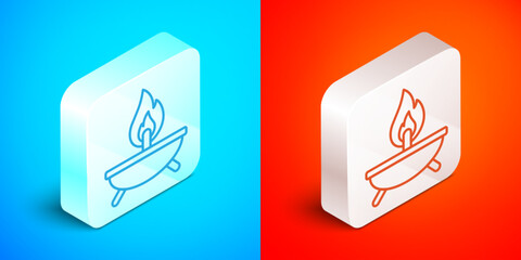 Isometric line Aroma candle icon isolated on blue and red background. Silver square button. Vector