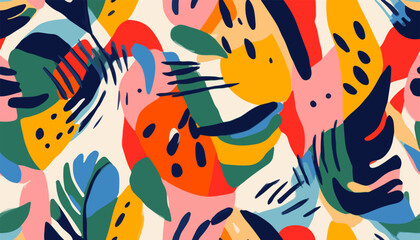 Fototapeta na wymiar Modern exotic floral jungle pattern. Collage contemporary seamless pattern. Hand drawn cartoon style pattern.