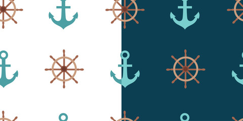 Marine pattern with anchor and rudder from the ship on a white and blue background