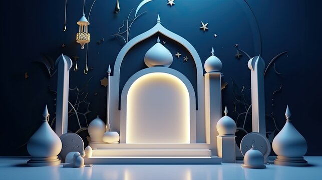 Mosque In The Night With Dark Blue Background Islamic Eid-Adha 4k High Resolution