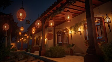 Obraz premium street in the night with beautiful lanterns islamic Eid-Adha 4k high resolution