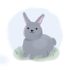 Cute gray bunny sitting in a clearing. Watercolor style