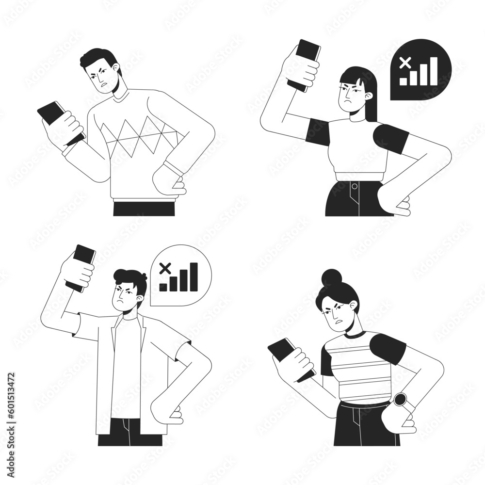Poster having trouble with phone bw vector spot illustration set. difficulty with cellphone 2d cartoon flat